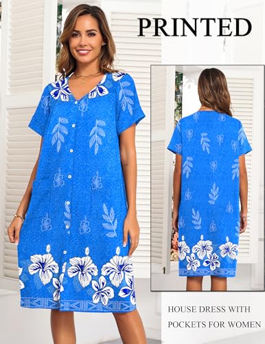 Image of Ekouaer House Dresses for Women with Pockets Button Down Nightgowns Plus Size Moo Moos Mumu Dresses Floral Print S-3XL