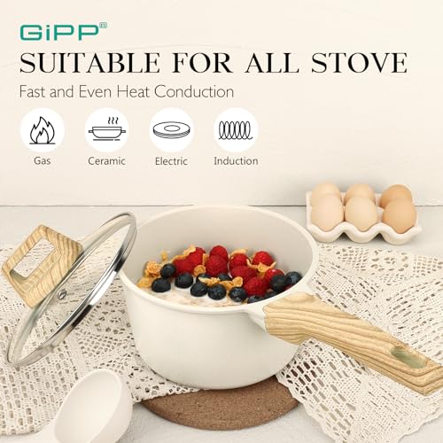 GiPP 1.5L&2.5L Sauce Pan Set with Lid Nonstick - White Granite Non Stick Sauce Pots Cooking Pot with Stay-Cool Handle, Small Kitchen Pots Saucepan Set Induction Compatible, PFOA Free(White, 16+18cm) - Image 5
