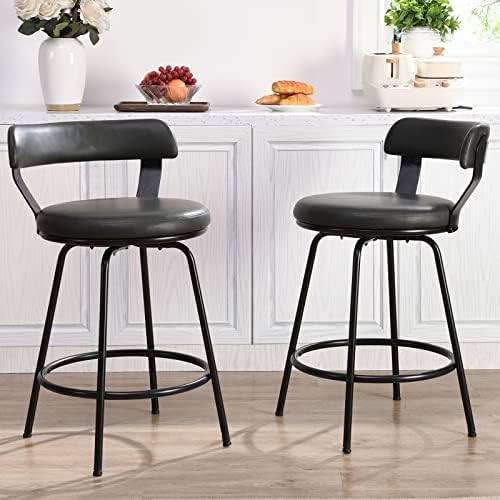 FERFALDER Bar Stools Set of 2-Metal Stools for Kitchen Counter PU Leather Barstools Swivel Bar Chairs for Dining Cafe,Metal Footrest,24” Grey