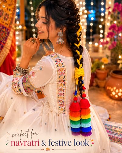 Image of Zippy Flora Satrang Cotton Parandi (Multi) | Handmade Boho Parandi | Traditional Hair Accessory with Braid Tassles & Shells | Hair Extension |Choti for Women | 22 Inches Length