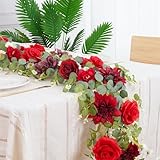 1 Pack Red Flower Garland Decorations, 6.07Ft Artificial Flower Vines Eucalyptus Garland with Silk Rose Hydrangea,Outdoor Garlands for Christmas Wedding Arch Mantle Home Party Decor