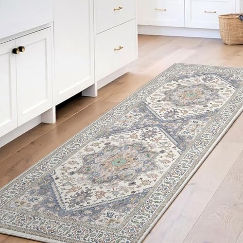 OPPODREAM Soft Entryway Rug 2x6, 2x6 Rug Runner, Washable Hallways Carpet 2 x 6 with Non Slip Backing, Low-Pile Bedside Carpet 2 x 6, Long, Faux Cashmere, Purple & Green & Cream