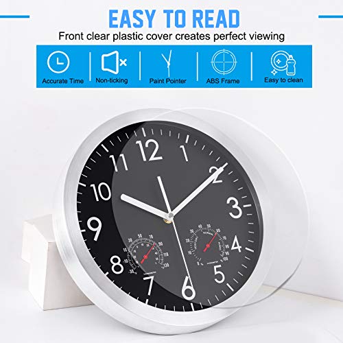 Woophen 12 Inch Silent Non Ticking Wall Clock Sweep Movement Silver Aluminum Frame Glass Cover, For Office, Home, Bathroom, Kitchen, Bedroom, School, Living Room (Black) #TOP4