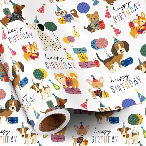 RUSPEPA Dog Birthday Wrapping Paper Roll for Boys Girls Mini Roll Cute Puppy Balloon and Gift Box Design with Happy Birthday Text Gift Wrap for Kids Dog Lovers Pet Party 17 Inches x 16.4 Feet