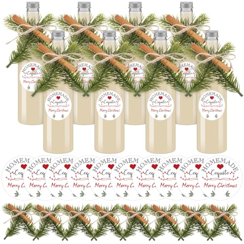 36 Pcs 8 Set Christmas Coquito Bottles with Caps Stickers Pine Branches and Cinnamon 25.4 oz Empty Plastic Clear Wine Bottles for Homemade Brewing Coquito Beverage Xmas Party Supplies