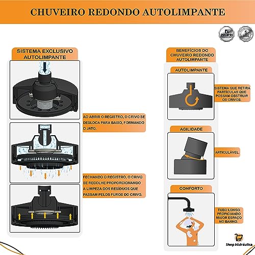 Ducha Chuveiro Articulável Gás E Solar Auto Limpante Preto
