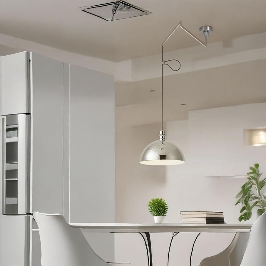 Modern Adjustable Swing Arm Pendant Light, E26 Base 3-Color Dimming Chrome Finish Dome Pendant Lamp, Retractable Lighting Fixture, for Kitchen Island Dining Room Bar