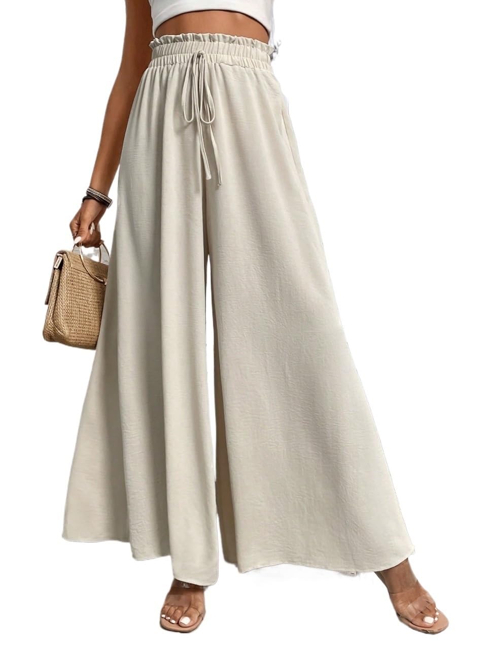 Womens Fall Casual Wide Leg Pants with On Waist Trousers Beige