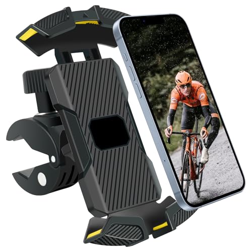 URAQT Soporte Móvil Bicicleta,360° Rotación,Anti Vibración,Bloqueo automático en 1 Segundo,fácil instalación en 5 Segundos para teléfono móvil de 4,7 a 6,8 Pulgadas,iPhone 15 Pro MAX Negro y Amarillo