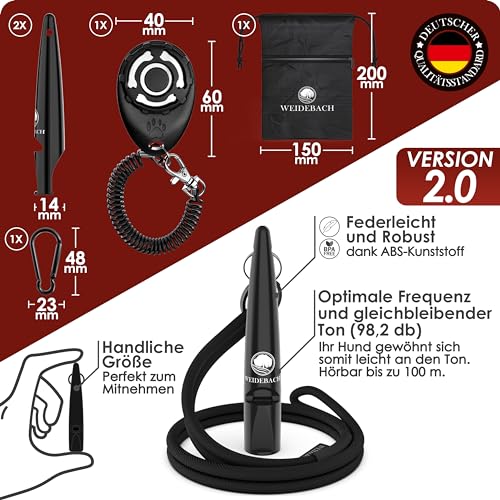 WEIDEBACH® 2x verbesserte Hundepfeife 2.0 mit stabilerem & lauterem Ton, inkl. Clicker, Leckerlibeutel und E-Book für Training mit Hund, genormt, Qualitätsband & -Mundstück, gelungenes Rückruftraining