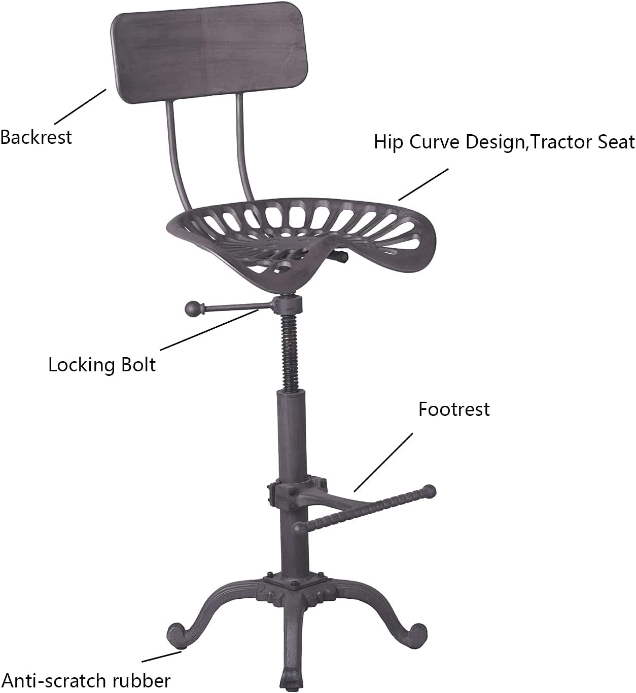 Industrial Rustic Bar Stool-Rotatable Cast Iron Tractor Seat Stool-Farmhouse Dining Counter Chair with Back -Counter Height Adjustable -22-26 inch (Rust)