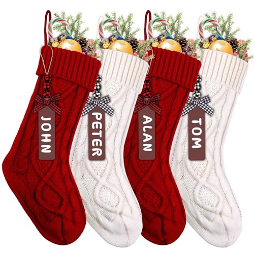 JOISHOP 4pcs Christmas Stockings, 18 Inch Large Knit Christmas Stockings Personalized Xmas Hanging Stocking Decorations with Name Tags for Christmas Fireplace Tree Decorations