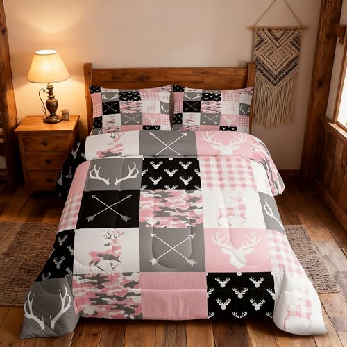 Deer Antlers Comforter Set Queen Size,Camo Western Rustic Farmhouse Bedding 3pcs for Kids Teens Boys Girls,Boho Arrows Geometric Plaids Down Comforter,Pink Duvet Insert,2 Pillowcases
