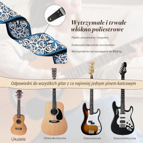 Aucuu Pasek do gitary, 2", w stylu vintage, haftowany bawełniany pasek do gitary, regulowany pasek do gitary, pasek z prawdziwej skóry, końcówki do basu elektrycznego akustycznego, z guzikiem pasowym