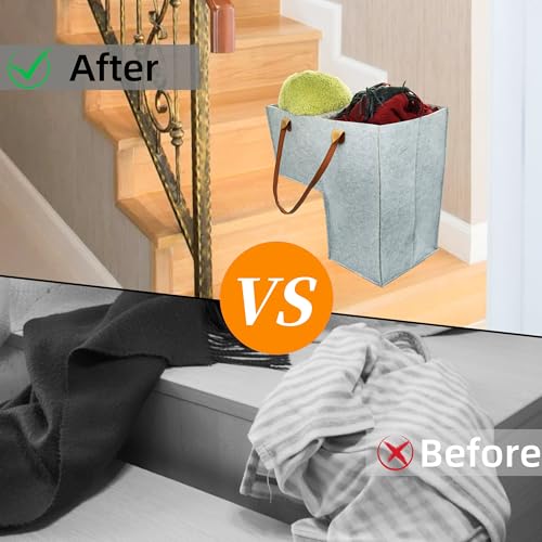 Kybelehoo Treppenkorb Stufenkorb Filz,Große L-Förmig Treppenkörbe Organizer Faltbar mit Griffen,Treppentasche Tragekorb für Wäsche,Spielzeug,Bücher,Socken,Haushaltsgegenstände-1 Stück Grau