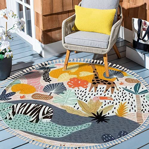 Round Fringe Shag Rugs Seamless With Giraffe Zebratucan And Tropical Landscape Creative Boho Circle Throw Area Rug Kids Girl Room Decor Carpet With Tassels For Powder Room Nursery Playroom, 6' #TOP3