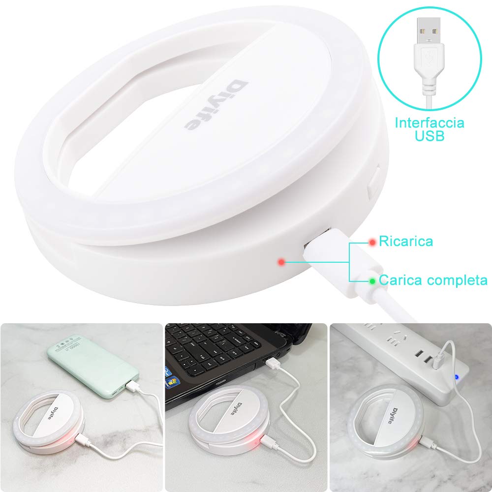 Selfie Ring Light Ricaricabile 36 LED 3 Livelli di Luminosità con Clip per Telefono