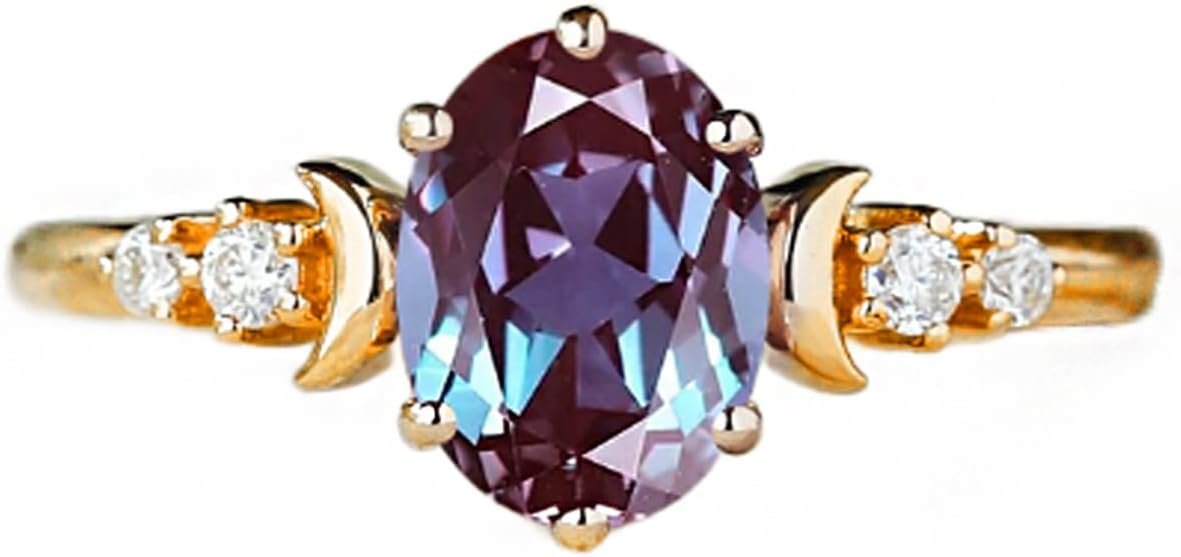10K 14K 18K Gold Oval Cut Alexandrite Rings for Women Created Color Change Alexandrite Promise Engagement Wedding Anniversary Rings June Birthstone Rings for Her Size 4-15