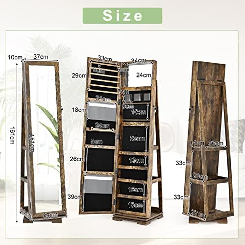 Multigot 3-in-1 Jewellery Cabinet, Lockable Jewelry Armoire with Mirror and Storage Shelves, Floor Standing Cosmetics Jewellery Organizer for Earring Ring Necklace Cosmetics(360° Swivel Rustic Brown)