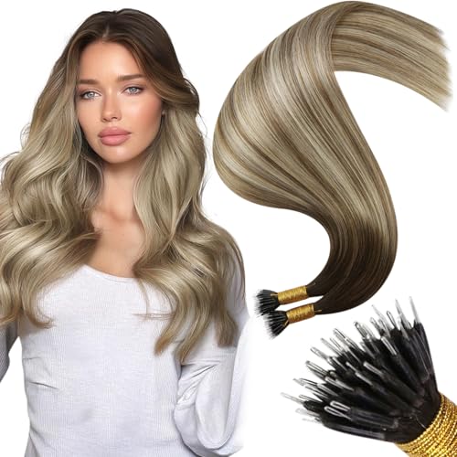 Image of Moresoo Nano Bead Hair Extensions, Brown Bleach Blonde Balayage, 16 Inch | 50g 50 strands, flexible bead placement, natural movement for everyday styling and added density