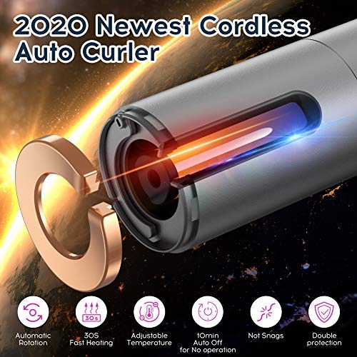 Cordless Hair Curler Automatic Curling Iron - Ceramic Rotating Hair Curler with 6 Temperatures and Timer Settings, Rechargeable Portable Hair Curling Iron Wand for Curls or Waves Anytime, Anywhere