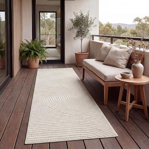 Paco Home Teppich Outdoor Wetterfest Moderne abstrakte Boho Designs mit 3D Struktur Pflegeleicht ideal für Terrasse Wohnzimmer & Küche Grösse:80x250 cm Farbe:Creme 2