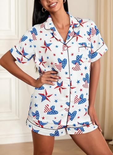 Image of Argeousgor Women 4th Of July Pajama Sets American Flag Short Sleeve Shirt and Shorts 2 Piece Independence Day Pajamas Set