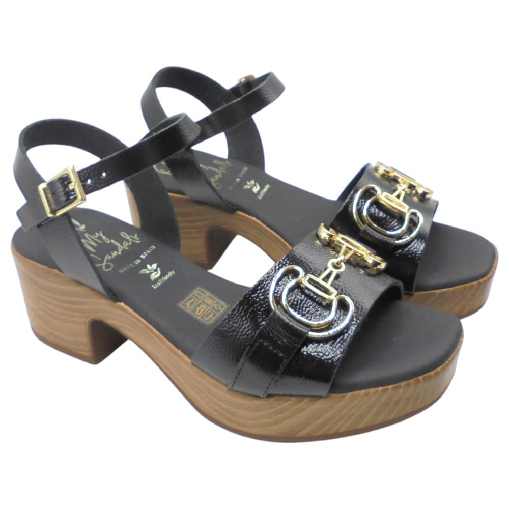 Oh! My Sandals - 5626 Sandalias de Mujer Negro con Tacón Medio 5 cm, Plataforma 2 cm, Piel Natural, Hebilla Decorativa, Hechas en España, Cómodas y Elegantes para: Mujer