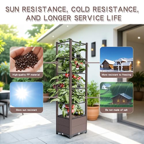 Raised Garden Bed with Trellis for Tomatoes, 10.5 Gal Planter Box Outdoor, 69.69" Tall Flower Planter with Tomato Cage, 15.7" Elevated Garden Bed for Vegetables, Climbing Plants & Flowers (Brown) by Growchum - Used condition - Image 3