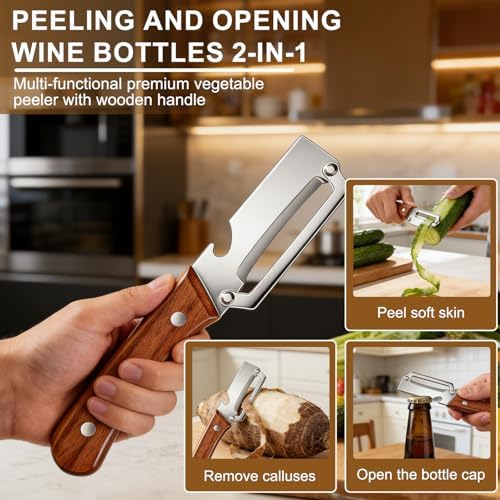2PCS Multi Functional Premium Vegetable Peeler with Wooden Handle and Bottle Opener,Stainless Steel Blade Kitchen Tool for Fruit Apple Potato Pumpkin Papaya Carrot - 3