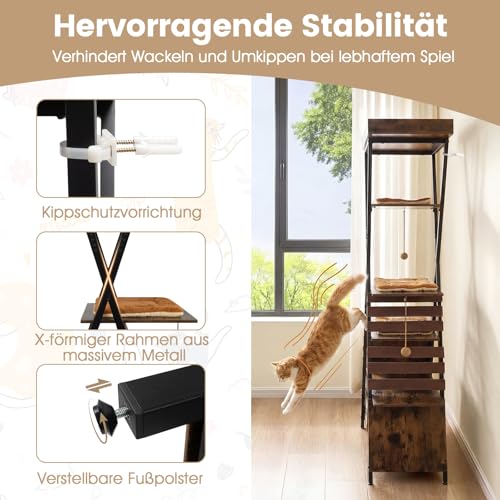 COSTWAY Kratzbaum, 185 cm Katzenbaum mit 4 Plattformen & Höhle, abnehmbaren Matten, Katzenhaus mit Kratzbrett & Bällen, Katzenkratzbaum Metallrahmen, modern, Katzenturm Holz, rustikales Brau-8