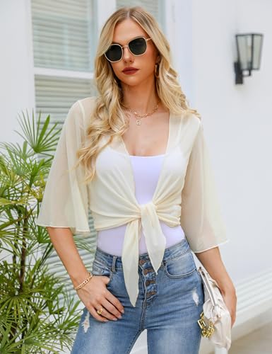 Image of Totatuit Women's Short Cardigan Bolero Sheer Shrug Tie Open Front Bell Sleeve Summer Cropped Bolero Cardigan
