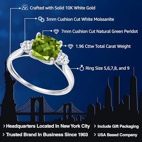 Gem Stone King 1.96 Cttw 10K White Gold Green Peridot and White Moissanite 3-Stone Engagement Ring | Cushion 7MM and 3MM | 3 Stone Wedding Anniversary Promise Ring For Women2