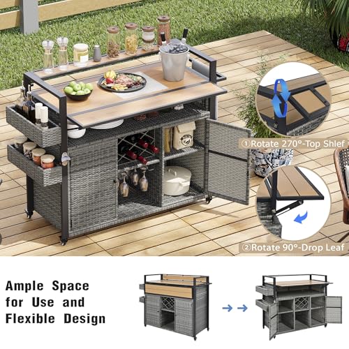 Image of Merax 52.8 inch W Wicker Outdoor Grill Cart with Extended Plastic Wood Table Top, Rolling Kitchen Island on Wheels with Storage Cabinet, for Patio Backyard Garden Poolside, Double Handle Design, Grey