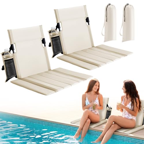 2 Pack Portable Poolside Chairs, Foldable Legless Beach Chairs for Adults with Cup Pocket, Lightweight Ground Seat Small Beach Chair for Edge of Pool, Quick-Dry Back Support for Travel (Beige)