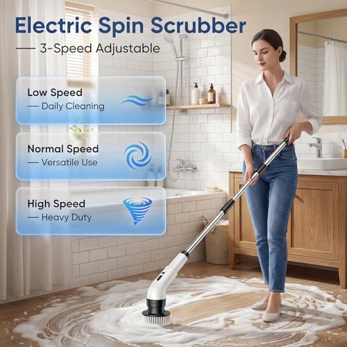 Electric Spin Scrubber, Cordless Power Scrubber for Bathroom/Shower/Tub/Tile & Grout, 9 Brush Heads, Dual-Speed, Adjustable Extension Handle, IPX7 Waterproof, USB-C Rechargeable Cleaning Tool (White)