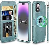 VANAVAGY iPhone 14 Pro Wallet Case,Leather Magnetic Flip Folio Strap Shockproof Phone Cover[Screen P