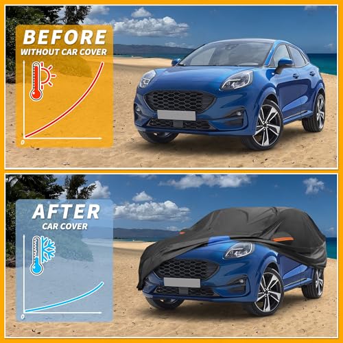 Image of All-Weather Waterproof Car Cover - UV-Resistant Outdoor Full Exterior Protection for Ford Puma 2019-2023 210D-PU Black Blue with Right Side Zipper