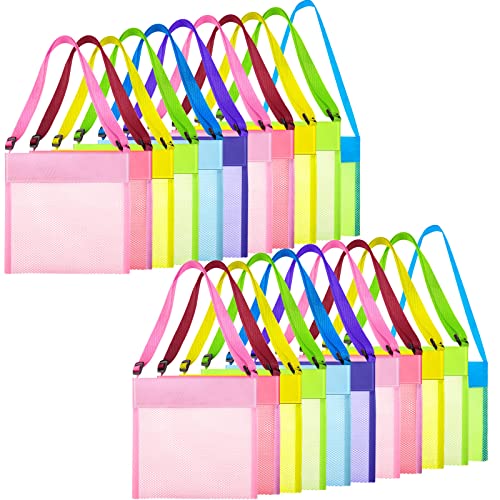 Saintrygo 30 Set Mesh Beach Bag Bulk Colorful Seashell Collecting Shell Bag Adjustable Carrying Strap for Kids(Solid Style)