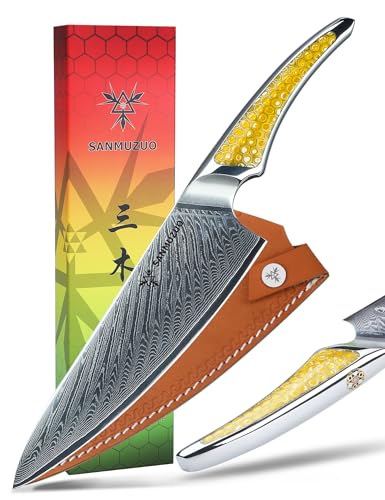 SANMUZUO 8 inch Chef Knife, Japanese VG-10 Damascus Steel Kitchen Knife, Ultra Sharp Cooking Knife with Full-tang Handle in Yellow Resin, LA-S9 Series