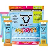 BullFit Hydrate Electrolyte Drink Mix, Tropical Variety Pack, Zero Sugar, Caffeine Free, Pink Him...