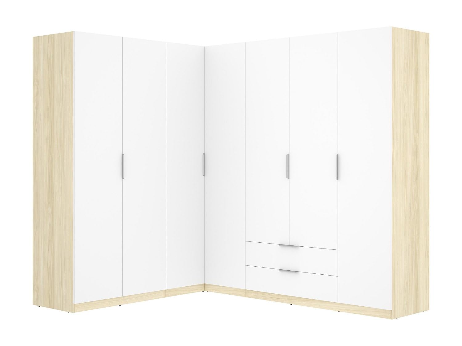 Vente-unique KALONY – Armario esquinero 7 puertas 2 cajones – L325 cm – Blanco y natural claro