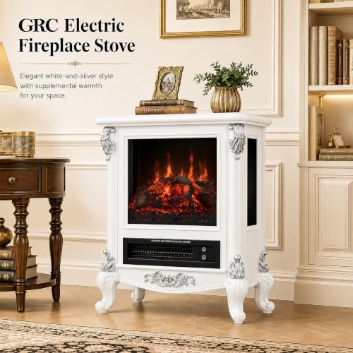 Image of FESTIVITY 18 inch Electric Stove Fireplace, 1500W Thermostat with 5100 BTU Heat Output, Adjustable Flame & Brightness Levels, Portable Electric Fireplace for Bedroom & Living Room-White & Silver