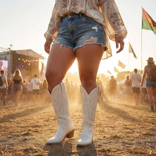 Image of Uillnoodu Wide Calf Cowboy Boots Women Adjustable Lace Up Knee High Tall Plus Size Cowgirl Boots Western Style Comfortable 2-Inch Heel