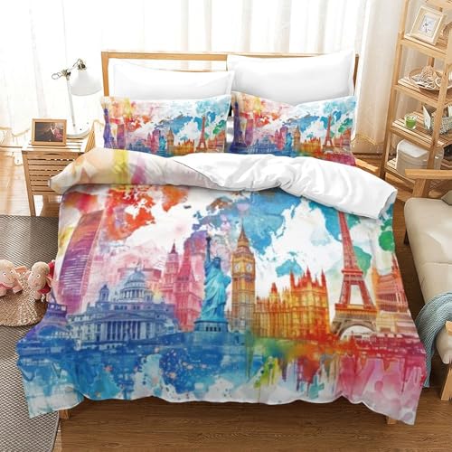 Housse de couette microfibre architecture aquarelle parure de lit 3 pièces imprimée 3D
