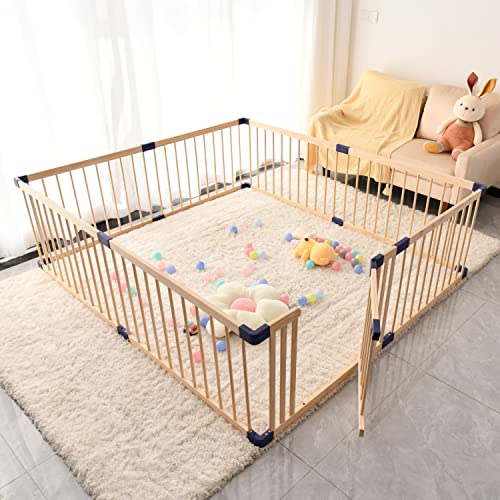 Image of Largest Baby Gate Playpen, Kids Play Fence with Door, Play Area Indoor Kids,Safety Activity Center Playard w/Locking Gate Outdoor,Without Mat（Natural Wood,71”×79”）