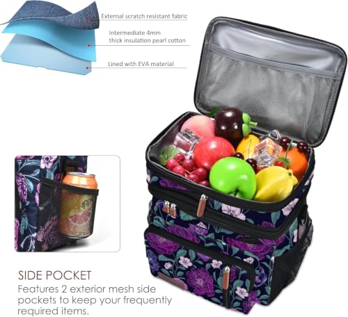Image of MIYCOO Lunch Bag & Lunch Box for Women Men, Double Deck Leakproof Insulated Soft Large Adult Camping Cooler bag for Work, Beach, Picnic, Travel (Purple Flower, 15L)