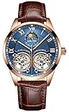 B BINGER AILANG Men's Skeleton Watches Automatic Mechanical Ailang Watch with Dual Balance Wheels (Gold Blue)
