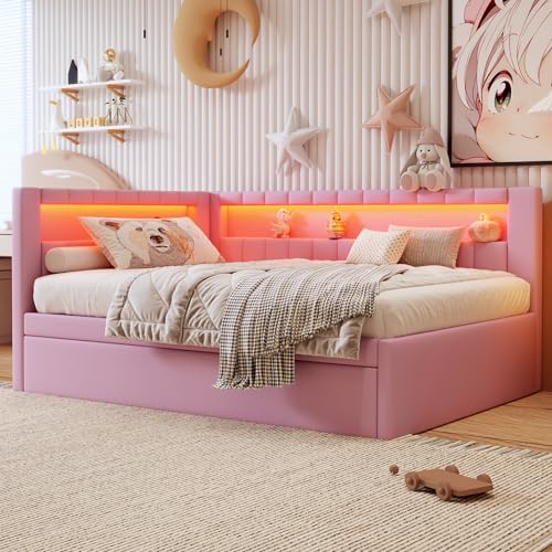 DNYN Full Size Upholstered Daybed with Trundle for Kids Bedroom,Super Cute Wooden Bedframe w/Led & USB Ports Design,Easy Assembly & No Box Spring Needed, White