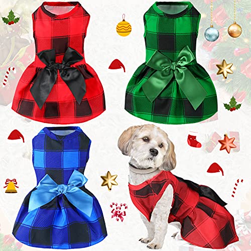 3 Pieces Christmas Buffalo Plaid Puppy Dress With Bowknot Plaid Dog Princess Dress Check Pattern Dog Skirt Holiday Pet Dresses Puppy Costume Apparel Clothes For Small Dogs (M (5-7Lbs)) #TOP29
